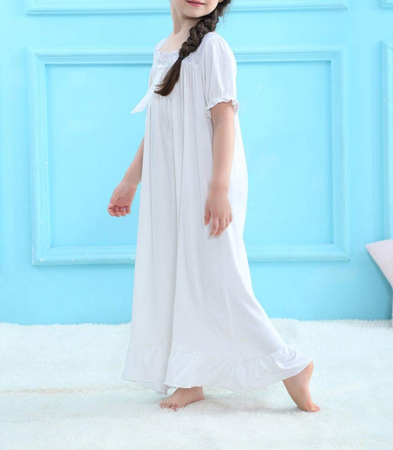 CHUNG Toddler Little Big Girls Modal Nightgowns Soft Princess Short Sleeve Round Square Neck Long Sleep Dress Vintageâ€¦ (130, 700 White) - Image 3